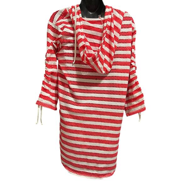 Forcynthia Beachwear Size Small Red & White Striped Open Knit Hooded Sweater - Picture 7 of 7
